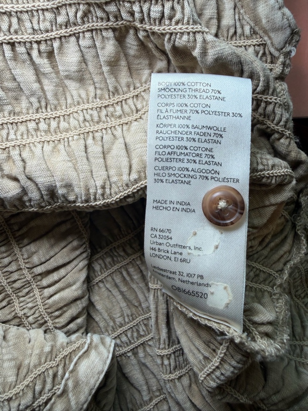 Sz XL Pilcro by Anthropologie Textured Cotton Smocked Shacket in Sand/Olive - Picture 7 of 7